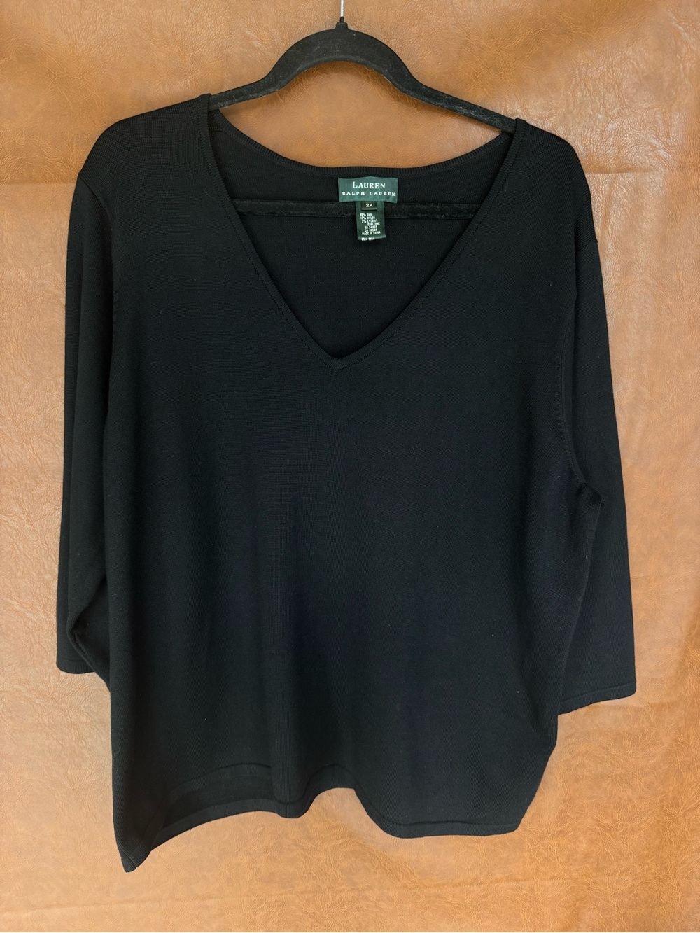Lauren Ralph Lauren Womens 2X Black Silk Blend Sweater V Neck 3/4 Sleeve Plus